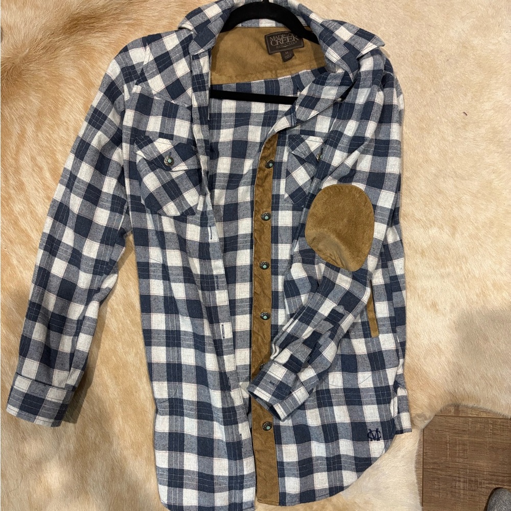 Blue & White Plaid Flannel Button-Up Shirt with details